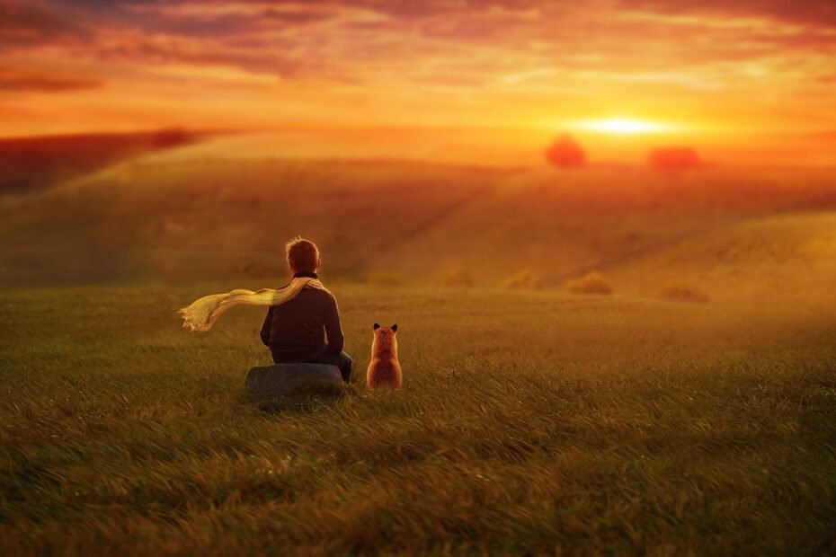 Gün batımında çimenlerde arkası dönük oturup manzarayı izleyen Küçük Prens ve Tilki çizim