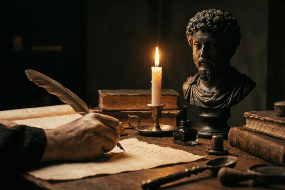 Marcus Aurelius büstü ve eski bir kitap, Stoacı felsefe ve iç huzur temalı görsel